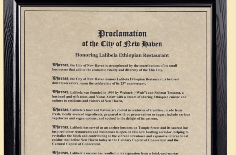 Lalibela Ethiopian Restaurant Honored by the City of New Haven